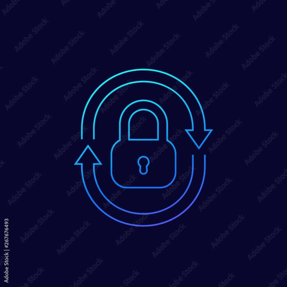 Poster security icon with lock and arrows, thin linear