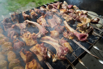 Grilled shish kebab with vegetables. BBQ grill with lamb meat and potatoes