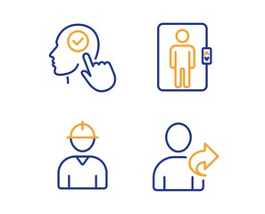 Select user, Engineer and Elevator icons simple set. Refer friend sign. Head with checkbox, Worker profile, Office transportation. Share. People set. Linear select user icon. Colorful design set