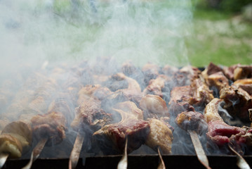 Grilled shish kebab with vegetables. BBQ grill with lamb meat and potatoes
