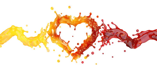 Red and yellow fruit juices liquid swirls and heart splashes. Fruits juice splashing together - orange, mango, strawberry, cherry, raspberry, pomegranate juice in two waves form. 3D