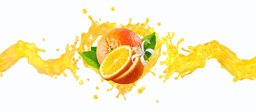 Fresh ripe orange fruit, orange slice and juice or smoothie splash wave. Tasty juice splashing, orange juice isolated. Healthy drink tropical fruit banner or label design element. 3D