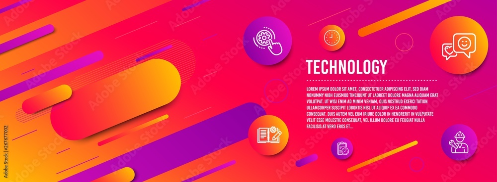 Poster header banner. exam time, cogwheel settings and engineering documentation icons simple set. smile, c