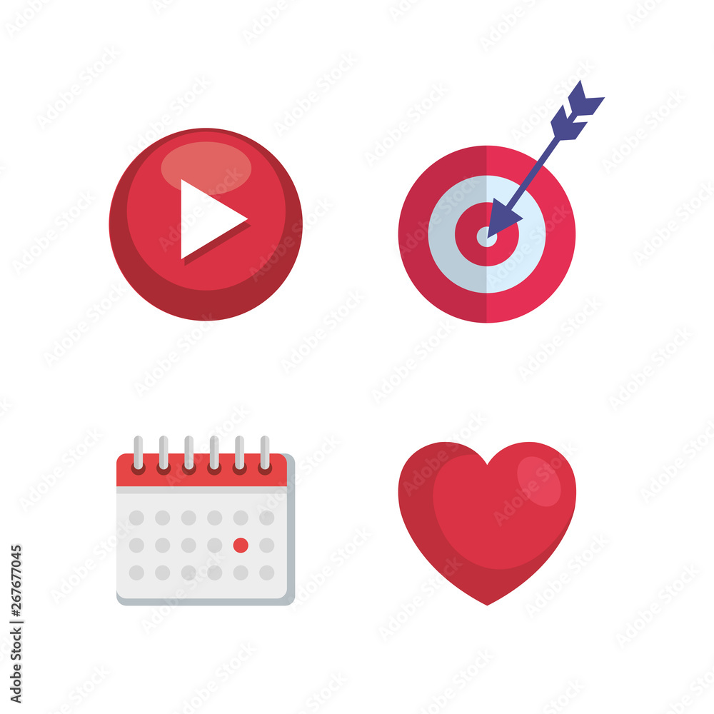 Poster set of digital media with video and target with arrow and calendar
