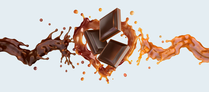 Melted Dark Chocolate And Caramel Sauce Splash With Chocolate Pieces Isolated. Tasty Chocolate Bars And Liquid Swirl Splash Design Advertising Element. Sweets Commercial Element. 3D