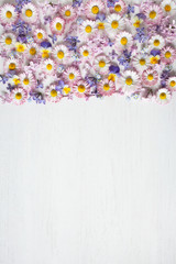 Spring floral background with daisies, lilac flowers, forget-me-nots and pansies