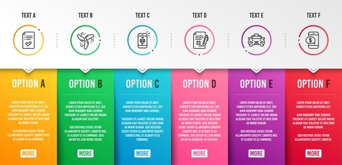 Reject file, Taxi and Mail icons simple set. Wind energy, Approved checklist and Phone payment signs. Decline agreement, Public transportation. Technology set. Infographic template. 6 steps timeline
