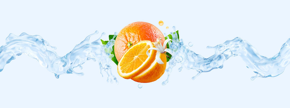 Fresh Cold Pure Flavored Water With Orange Wave Splash. Clean Orange Fruit Infused Water Or Liquid Fluid Wave Splash. Healthy Flavored Detox Drink Wave Concept With Orange Fruits. 3D