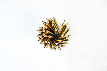 A bundle pencils in a case, view from top with isolated white background