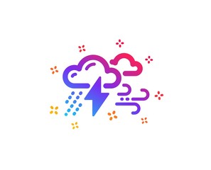 Clouds with raindrops, lightning, wind icon. Bad weather sign. Dynamic shapes. Gradient design bad weather icon. Classic style. Vector