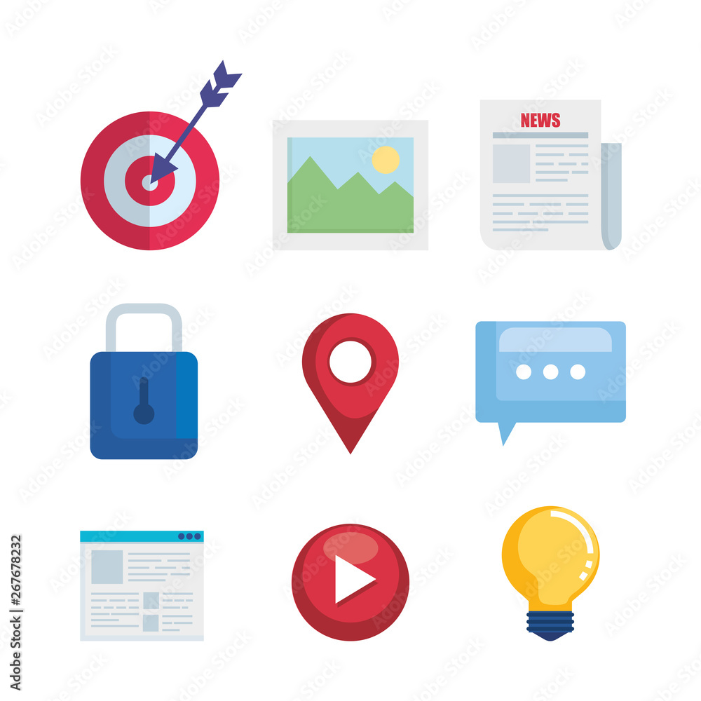 Poster set of digital data with chat bubbles and documents information
