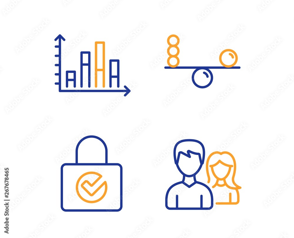 Poster diagram graph, balance and password encryption icons simple set. couple sign. presentation chart, co