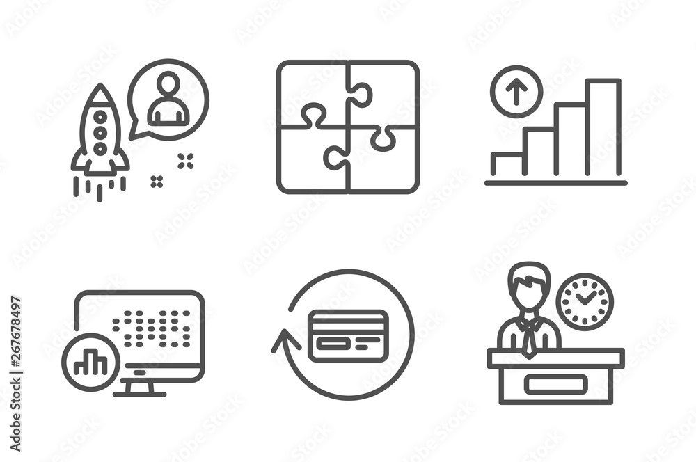 Poster report statistics, graph chart and refund commission icons simple set. startup, puzzle and presentat