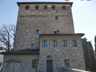 Malaspina Castle in Bobbio. It was built by Malaspina family as a fortress with a massive tower and it was later converted into a residence by Dal Verme family. It dominates the panorama of the Trebbi