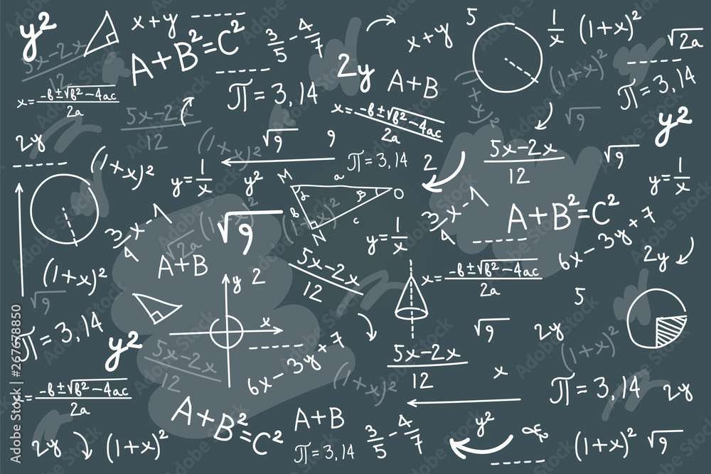 Poster math chalkboard vector illustration. physics solving equation board mess..