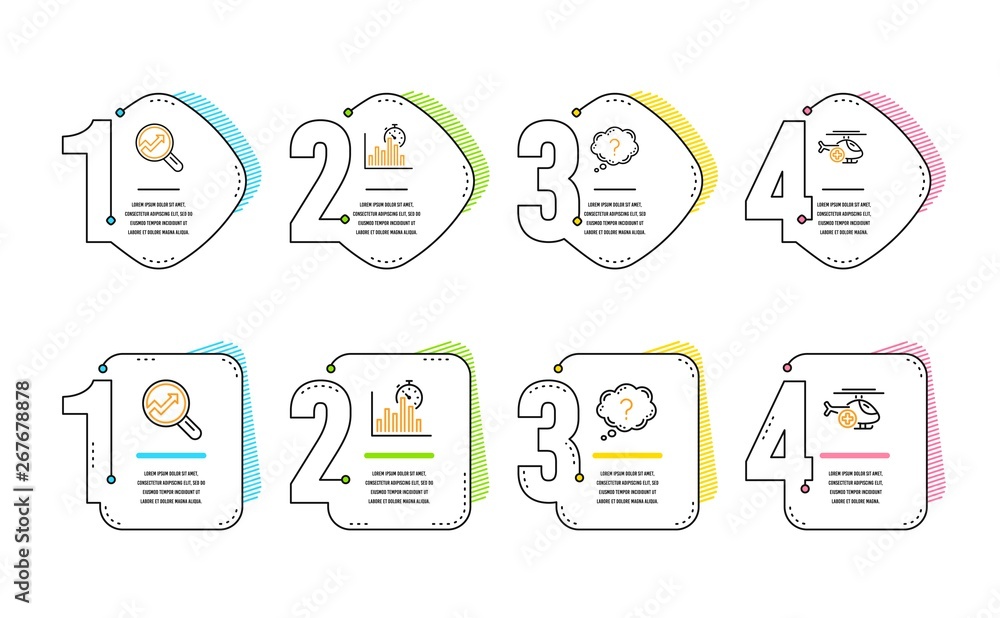 Poster analytics, question mark and report timer icons simple set. medical helicopter sign. audit analysis,