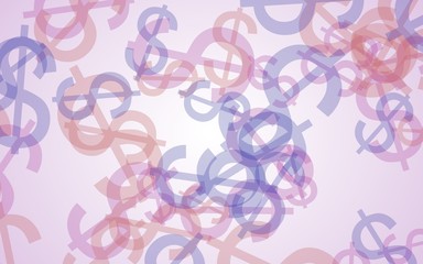 Multicolored translucent dollar signs on white background. Red tones. 3D illustration