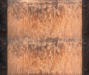 background old plank with a metal frame. texture rusty iron and wooden board