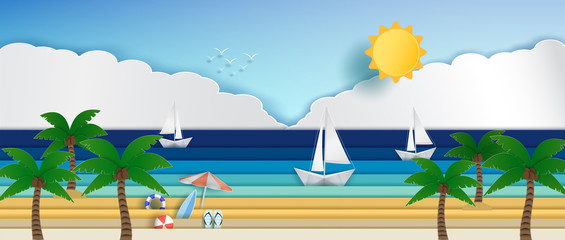 Fototapeta na wymiar panorama of the sea during the summer holidays. And Origami Sailing Boat. And views of the vast sea. And a paper cut style, and can be used as illustration or background.