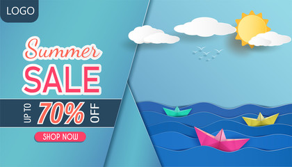 Sea view and Summer sale banner design with paper cut. And in the tropical and colors of modern and beautiful And can be used as an illustration or background