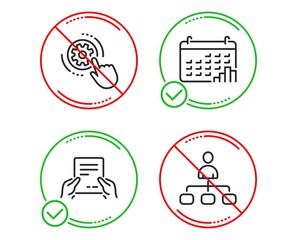 Do or Stop. Cogwheel settings, Calendar graph and Receive file icons simple set. Management sign. Engineering tool, Annual report, Hold document. Agent. Science set. Line cogwheel settings do icon