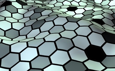 Honeycomb with a gradient color. Perspective view on polygon look like honeycomb. Wavy surface. Isometric geometry. 3D illustration