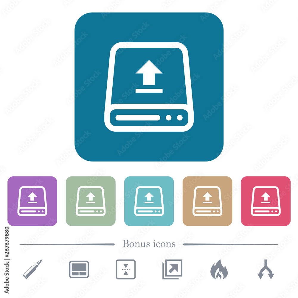 Poster upload from hard drive flat icons on color rounded square backgrounds