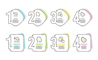 Select user, Head and Check investment icons simple set. Bacteria sign. Head with checkbox, Human profile, Business report. Antibacterial. Science set. Infographic timeline. Line select user icon