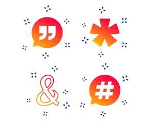 Quote, asterisk footnote icons. Hashtag social media and ampersand symbols. Programming logical operator AND sign. Speech bubble. Random dynamic shapes. Gradient quote icon. Vector