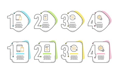 Mobile devices, Download file and Reject refresh icons simple set. Cogwheel sign. Smartphone with tablet, Load document, Update rejection. Idea bulb. Technology set. Infographic timeline. Vector