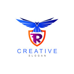 Flying bird logo with shield, shield and eagle, security logo, shield and letter  r