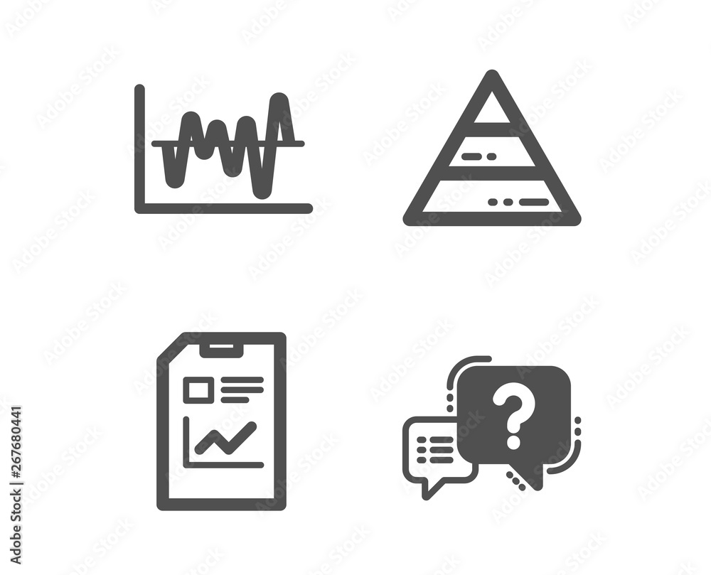 Aufkleber set of report document, pyramid chart and stock analysis icons. question mark sign. statistics file,