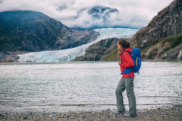 Alaska glacier tourist lifestyle in Juneau. Famous Mendenhall ice landscape summer travel...