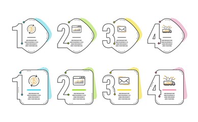 Messenger mail, Website statistics and Refresh bitcoin icons simple set. Truck delivery sign. New e-mail, Data analysis, Update cryptocurrency. Logistics. Technology set. Infographic timeline. Vector