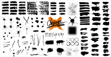 Giant set of black brush strokes. Paint, ink, brushes, lines, grunge. Dirty artistic design elements, boxes, frames. Freehand drawing. Vector illustration. Isolated on white background.