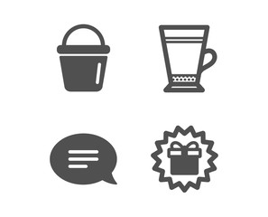 Set of Bucket, Chat and Latte icons. Surprise gift sign. Washing equipment, Speech bubble, Coffee beverage. Shopping offer.  Classic design bucket icon. Flat design. Vector