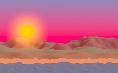 Sun Sea Beach. Sunrise. Ocean shore line with waves on a beach. Island beach paradise with waves. Vacation, summer, relaxation. Seascape, seashore. Minimalist landscape, primitivism. 3D illustration