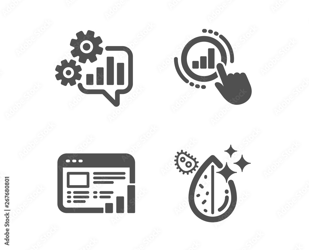 Poster set of cogwheel, web report and graph chart icons. dirty water sign. engineering tool, graph chart, 