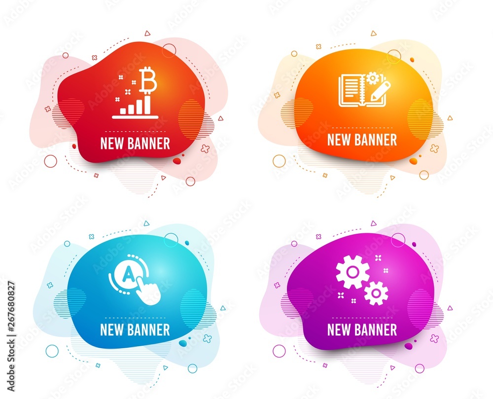 Poster liquid badges. set of bitcoin graph, ab testing and engineering documentation icons. work sign. cryp