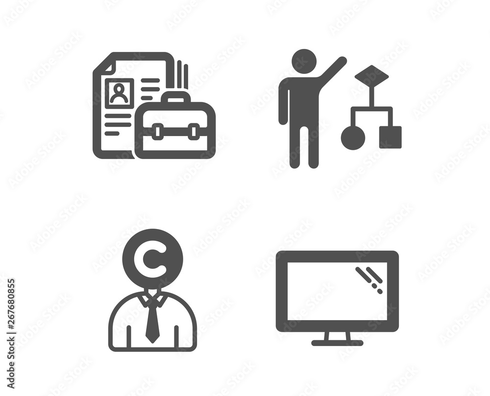 Poster set of algorithm, copyrighter and vacancy icons. monitor sign. developers job, writer person, hiring
