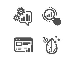 Set of Cogwheel, Web report and Graph chart icons. Dirty water sign. Engineering tool, Graph chart, Get report. Aqua drop.  Classic design cogwheel icon. Flat design. Vector