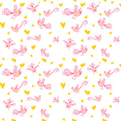 Vector seamless pattern with birds and hearts.