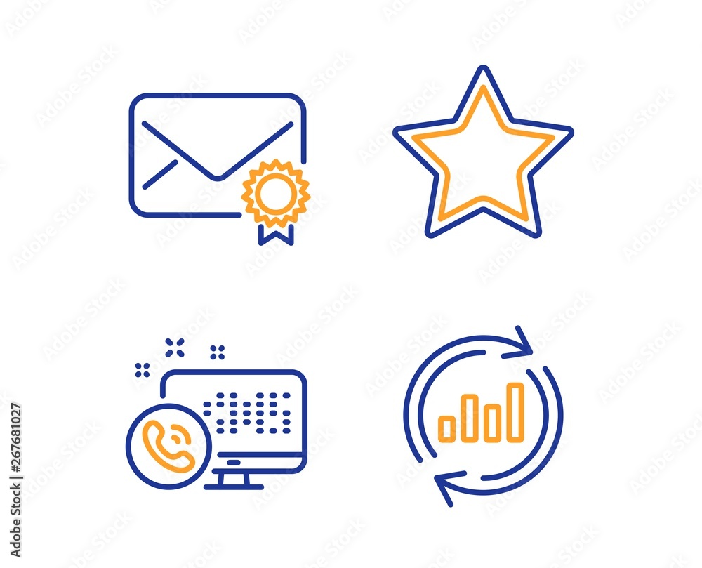 Poster web call, star and verified mail icons simple set. update data sign. phone support, best rank, confi