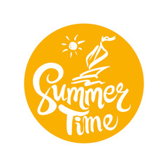 Summer Time. Round vector logo template with inscription and yacht. Flat design of seasonal handwritten label.