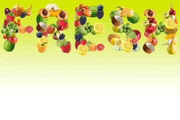 fresh text made of fresh fruit and vegetables letters on fresh yellow lemon green background