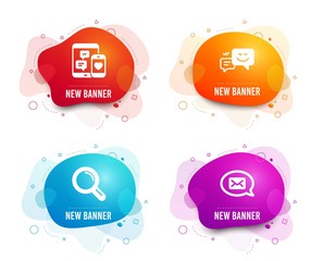 Liquid badges. Set of Happy emotion, Research and Social media icons. Messenger sign. Web chat, Magnifying glass, Mobile devices. New message.  Gradient happy emotion icon. Flyer fluid design. Vector