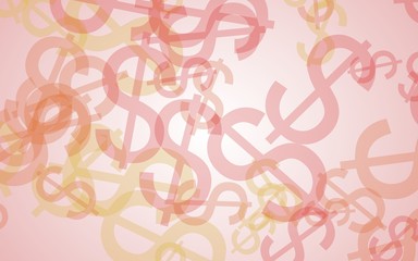 Multicolored translucent dollar signs on white background. Red tones. 3D illustration
