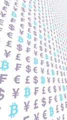 Bitcoin and currency on a white background. Digital crypto currency symbol. Business concept. Market Display. 3D illustration