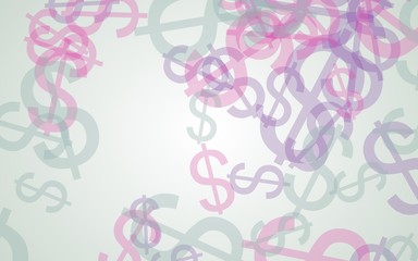 Multicolored translucent dollar signs on white background. Red tones. 3D illustration
