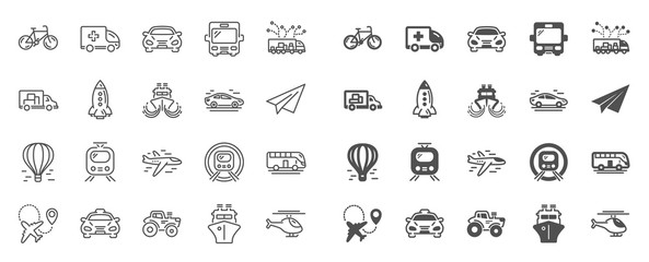 Transport line icons. Taxi, Helicopter and subway train icons. Truck car, Tram and Air balloon transport. Bike, Airport airplane and Ship, subway. Travel bus, ambulance car, paper airplane. Vector